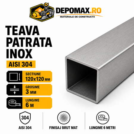 Teava patrata inox AISI 304, 120 x 120 x 3 mm, 6 metri